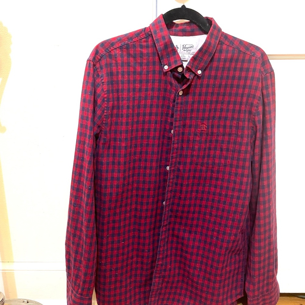 Original Penguin Red and Navy Plaid Button-Up Shirt